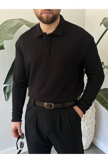 Gambocci Men's Long Sleeve Lightweight Loose Oversize Polo Neck Knitwear Sweatshirt