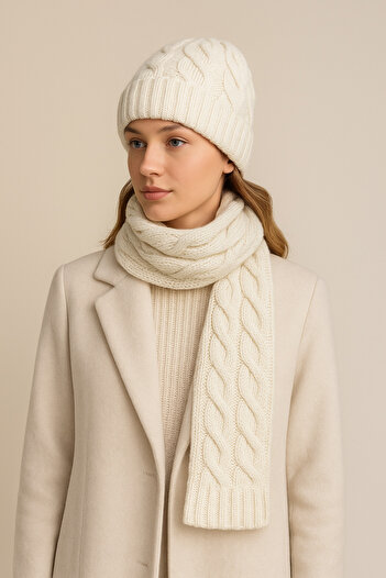 SİSTEM PELUŞ Women's Elegant Knitted Patterned Beanie & Scarf Set
