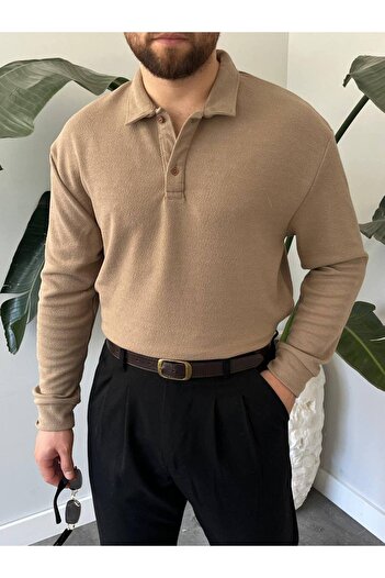 Gambocci Men's Long Sleeve Lightweight Loose Oversize Polo Neck Knitwear Sweatshirt