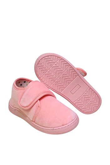 Stella Pendenza Pembe Kadife Kids Çocuk Ünisex Panduf Cırtlı Rahat Kaydırmaz Taban Ev Patiği Ayakkabı KP-1003