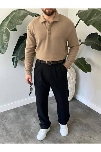 Gambocci Men's Long Sleeve Lightweight Loose Oversize Polo Neck Knitwear Sweatshirt