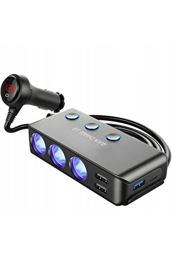 zola Panou multifuncitonal auto tip priza, 120W, LED digital, cablu pulmonar 1 m , 3 porturi USB, negru
