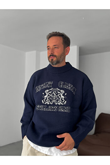 BYBASICMAN Navy Blue Instant Embroidery Wide Collar Oversize Sweater G-18133