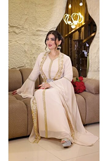 ZENABİYEM Zena Fashion Six Dress over Abaya Beaded Embroidered Belted Kaftan