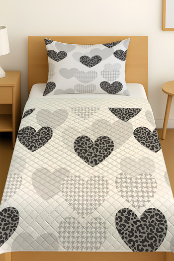 3D ELSE HALI Gray Black Hearts Patterned Single Pique Set Bedspread