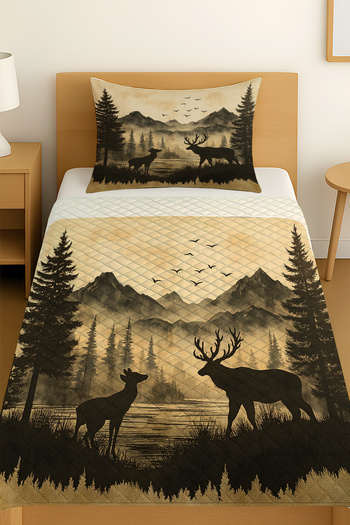 3D ELSE HALI Mountain View Deer Patterned Single Pike Set Bedspread