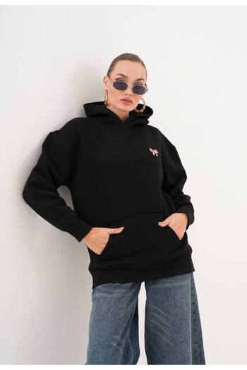 369 etnik butik Minimal Bow Embroidered Hooded Oversize Sweatshirt