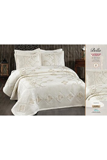 Madamca Bella - Pearl Stone Embroidered Velvet Bedspread - 3 Pieces
