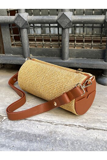 Lunova Tan Women's Straw Cylinder Model Hand and Shoulder Bag