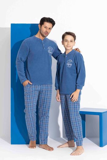 Tarık Set de pijamale pentru bărbați, albastru indigo, în carouri și cu model pătrat, cu mâneci lungi, pentru tată și fiu, din lână, pentru iarnă.