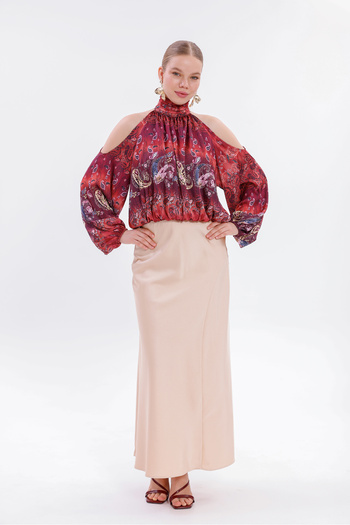 Moda Palmiss Women's Ethnic Patterned Off-Shoulder Halter Neck Chiffon Blouse