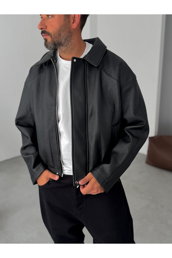 BYBASICMAN Black Retro Oversize Leather Jacket G-5761