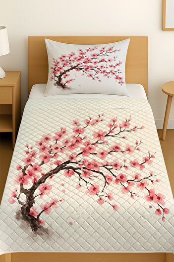 3D ELSE HALI Sakura Pink Flowering Tree Patterned Single Bedspread Set