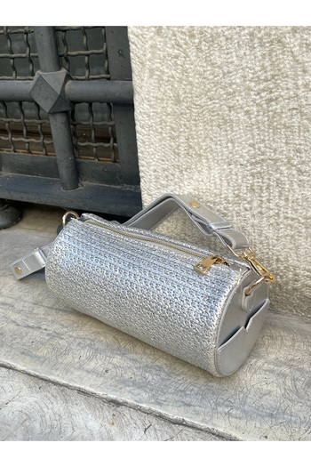 Lunova Silver Women's Straw Cylinder Model Hand and Shoulder Bag