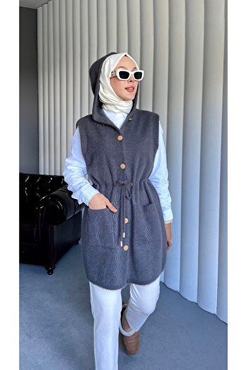 Molly Nelly Women's Feather Midi Length Hooded Hijab Vest Cardigan