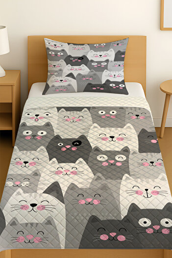 3D ELSE HALI Gray and White Cats Patterned Single Pique Set Bedspread