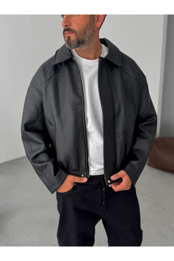BYBASICMAN Black Retro Oversize Leather Jacket G-5761