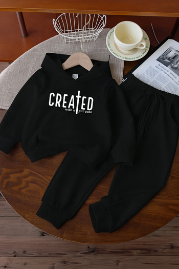 Let's Wear Premium Created Printed Children's Hooded Compact Combed Cotton Sweatshirt Tracksuit Set - 2 Piece Sportswear Set