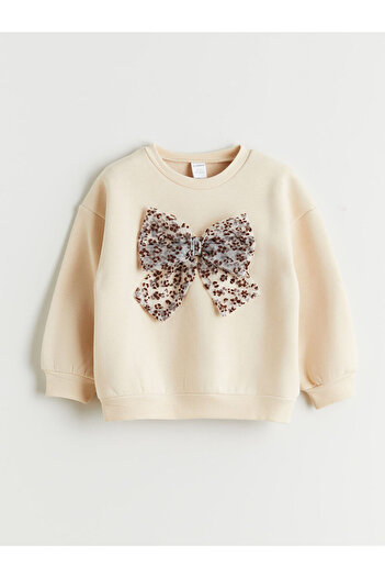 LC Waikiki Crew Neck Bow Printed Girl's Sweatshirt