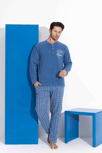 Tarık Set de pijamale pentru bărbați, albastru indigo, în carouri și cu model pătrat, cu mâneci lungi, pentru tată și fiu, din lână, pentru iarnă.