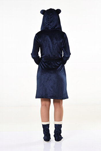 Miss Dünya Lissa Rabbit Love Navy Blue Velvet Dressing Gown Nightgown Set (with Booties as a Gift)