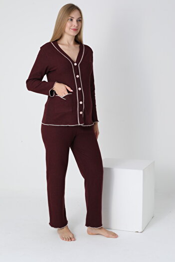 Miss Dünya Lissa Pregnancy Pajamas Set with Front Button Adjustable Waist Sleeves and Ruffle Detail