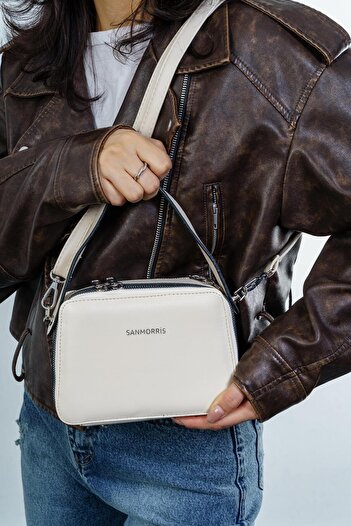 CCWAY AYAKKABI Women's Stylish Detailed Zippered Adjustable Crossbody Strap Hand and Shoulder Bag Cream