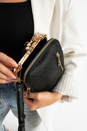 Sanmorris Women's Black Mosaic Crossbody Shoulder Bag with Adjustable Cross Strap and Gold Accessories