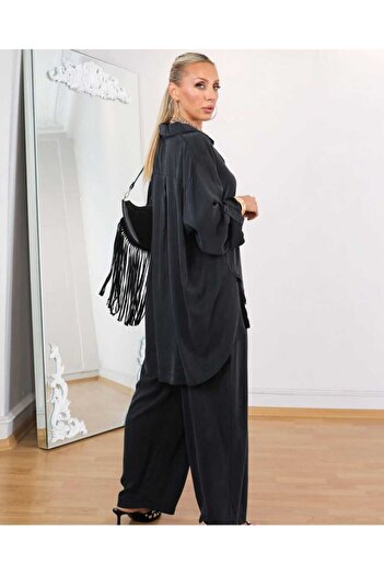 QUAWEAR Shirt with Side Slits at the Collar, Silk Kupra Fabric with Baggy Cut and Pocketed Pants, Two-Piece Set