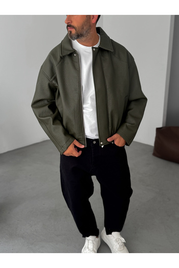 BYBASICMAN Khaki Retro Oversize Leather Jacket G-5761