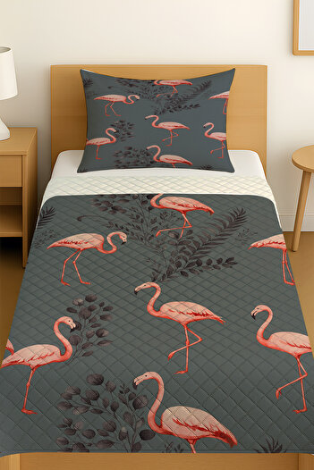 3D ELSE HALI Pink Flamingo Gray Patterned Single Pique Set Bedspread