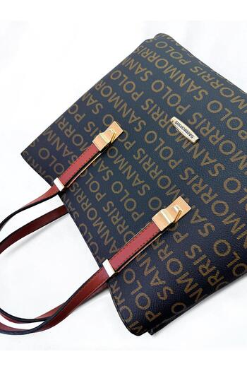 CCWAY AYAKKABI Women's 4-Compartment Simple and Stylish Shoulder and Hand Bag with Gold Accessories Brown Written