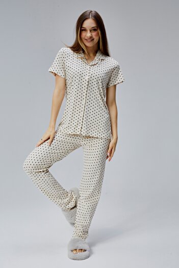 M MOONCOVER Women's 100% Cotton Printed Pajamas Set Short Sleeve Long Bottom Buttoned Summer