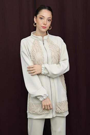 Puane Women's Lace Detailed High Neck Zipper Suit - 14387Tks - Ecru