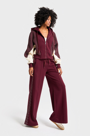 its basic Women's Burgundy Color W5-35 Hooded Sweatshirt Fleece Tracksuit Bottom 2-Piece Combination Fabric Design Set