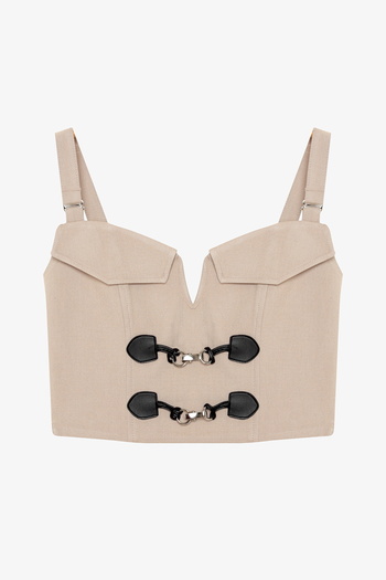 Quzu Strappy Bustier Blouse with Buckle Accessories Beige
