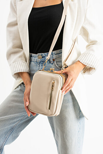 Sanmorris Women's Adjustable Crossbody Cream Matte Crossbody Shoulder Bag with Gold Accessories