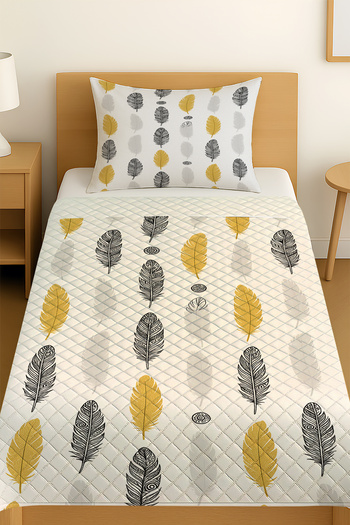 3D ELSE HALI Yellow Gray Ethnic Feather Patterned Single Pike Set Bedspread