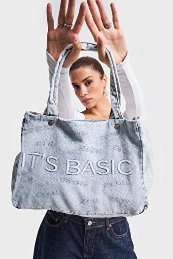 its basic Kot rengi it's basic nakışlı çıt çıtlı orta boy denim çanta