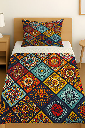 Else Dekor Colorful Tiles Ethnic Patterned Single Pike Set Bedspread