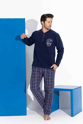 Tarık Men's Navy Blue Plaid and Square Pattern Long Sleeve Father-Son Fleece Fabric Winter Warm Pajama Set