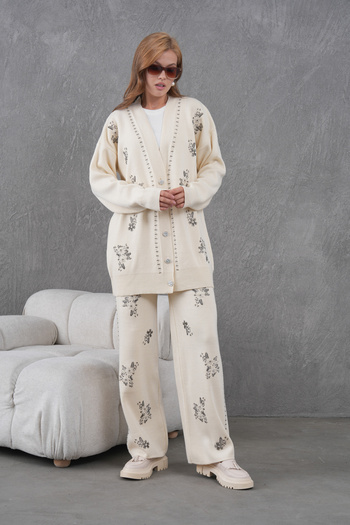 Miss Allos Women's Beaded Wide-Fit Knitwear Cardigan and Pants Bottom-Top Set