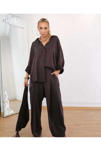 QUAWEAR Shirt with Side Slits at the Collar, Silk Kupra Fabric with Baggy Cut and Pocketed Pants, Two-Piece Set