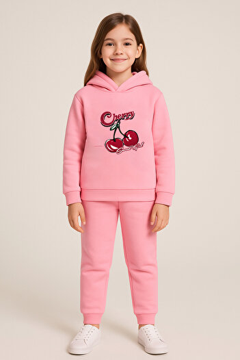 Let's Wear Premium Cherry Printed Children's Hooded Compact Sweatshirt Tracksuit Set - 2 Piece Sportswear Set