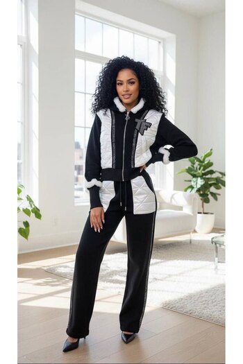 bonibon butikk Women's Quality Quilted Fabric Detailed 2-Piece Set with Plush and Stone Details on the Sleeves