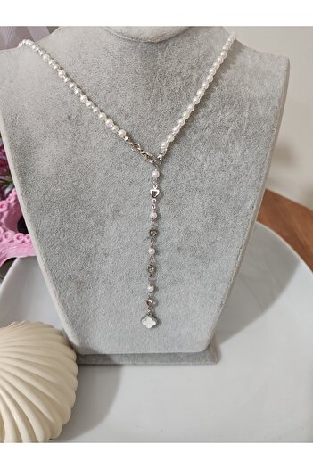 elbi bijuteri White Pearl Elegant Y Necklace