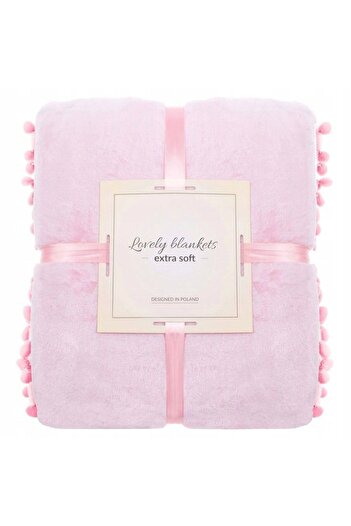 SERSIMO Fluffy blanket with small pompoms, 2 people, 200x220cm, pink