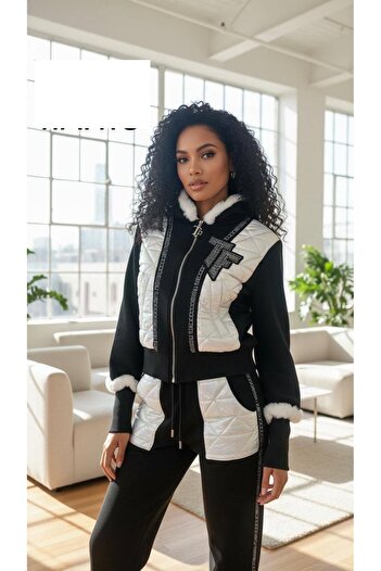 bonibon butikk Women's Quality Quilted Fabric Detailed 2-Piece Set with Plush and Stone Details on the Sleeves