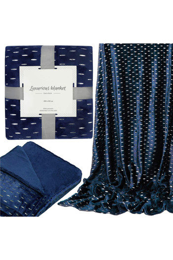 SERSIMO Fluffy blanket for 2 people, 2 sides, embossed pattern, 200x220cm, navy blue