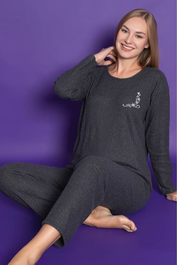 Farya Home Thick Winter Interlock Stripe Long Sleeve Knitted Pajamas Set